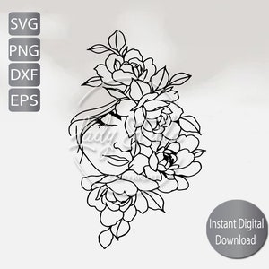 Flower Face Woman Line art Svg, Png, Eps, Dxf, |Line Drawing Floral Woman svg png eps dxf |Instant Download