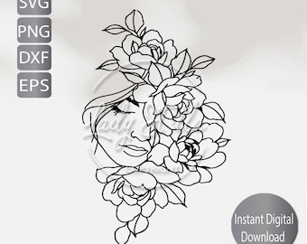 Flower Face Woman Line art Svg, Png, Eps, Dxf, |Line Drawing Floral Woman svg png eps dxf |Instant Download