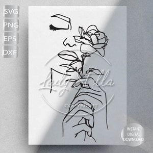 May include: Line art drawing of a woman's face with closed eyes, holding a single rose with her hand. The drawing is in black and white.