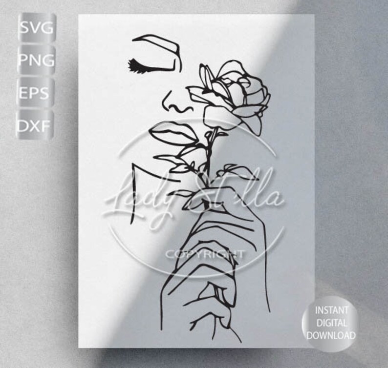 May include: Line art drawing of a woman's face with closed eyes, holding a single rose with her hand. The drawing is in black and white.