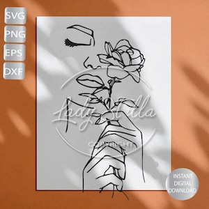 May include: Line art drawing of a woman's face with closed eyes, holding a single rose with a stem and leaves. The drawing is in black and white and has a minimalist style.
