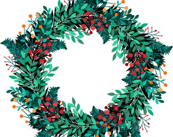 May include: A circular wreath featuring green leaves, sprigs of pine, and red berries. This festive decoration is ideal for the holiday season. The design incorporates natural elements, creating a cheerful and welcoming aesthetic, perfect for the home.