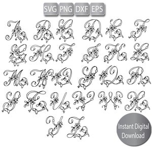Puede incluir: Letras del alfabeto floral en blanco y negro, de la A a la Z, en una fuente cursiva. Cada letra está decorada con pequeñas flores y hojas. La imagen incluye el texto "SVG PNG DXF EPS" y "Instant Digital Download".