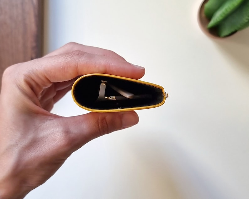 leather eyeglass case held in one hand, viewed from above so you can see the inside of the glasses case