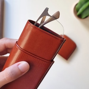May include: A brown leather glasses case with a pair of silver reading glasses inside.