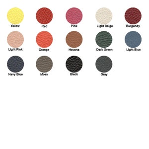 image showing the 14 different colors available for our products with the name of each one: light blue, light beige, burgundy, orange, yellow, red, , pink, light pink, navy blue, dark green, gray, moss, black and havana
