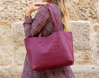 Burgundy Leather Tote Bag: Personalized Handmade Full-Grain