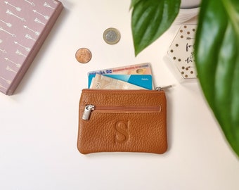 Small leather coin purse for women with zipper, Monogram leather pouch for cards, Minimal personalized wallet for her.