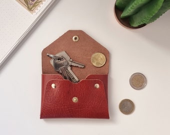 Genuine leather wallet, Small leather pouch, Personalized card holder for gift, Handmade leather wallet, Snap coin purse.