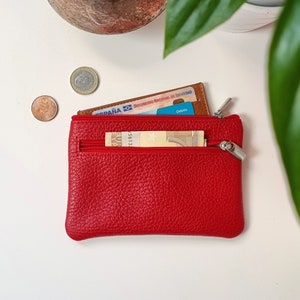 Leather purse wallet with zipper, Red leather coin pouch, Zip leather wallet for women, Personalized gifts for her.