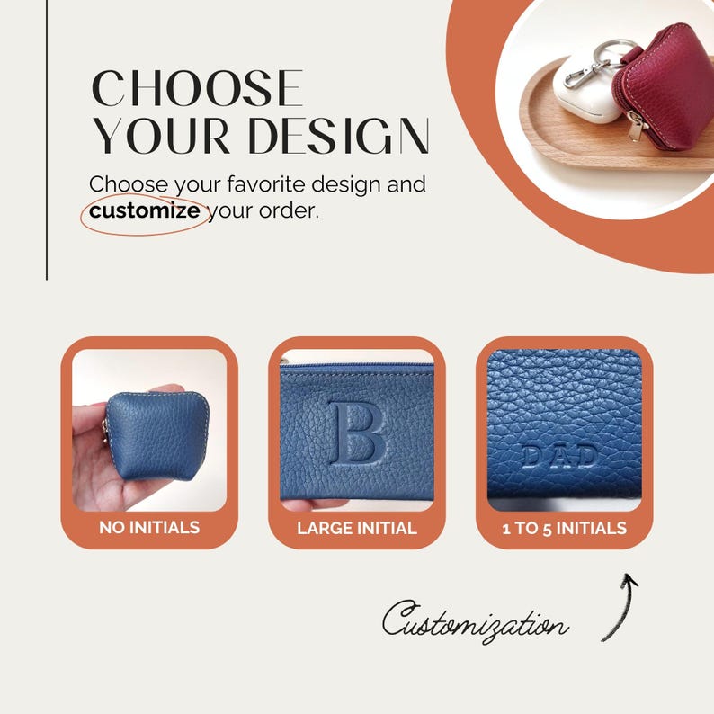 Infographic with personalization options: big initial or small characters on leather
