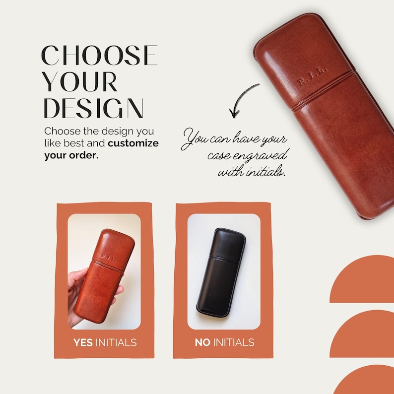 May include: Two leather cases for glasses or pens. The case on the left has initials engraved on it, "R.J.L." The case on the right is plain black. The text "YES INITIALS" is below the brown case and "NO INITIALS" is below the black case.