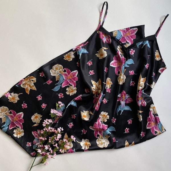 Vintage black satin floral slip dress