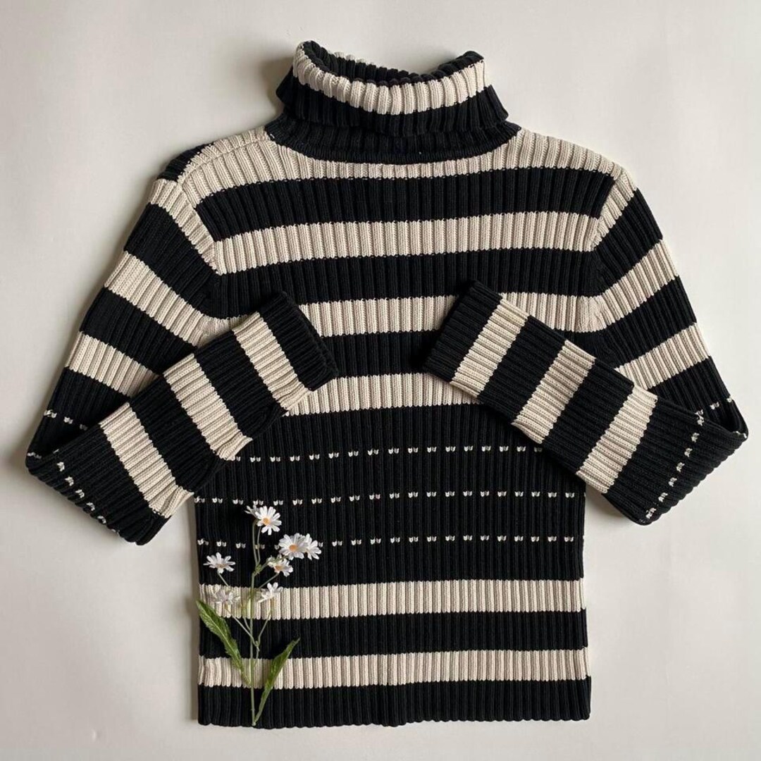 Striped Turtleneck Sweater with Wide Sleeves - Black