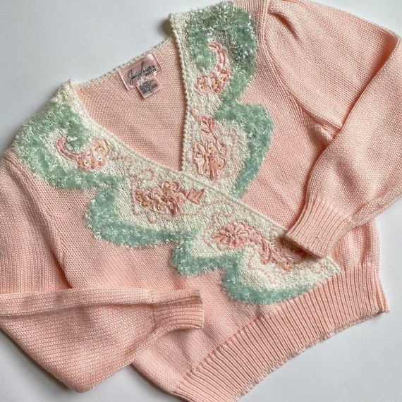 Vintage pastel pink beaded sweater - image 1