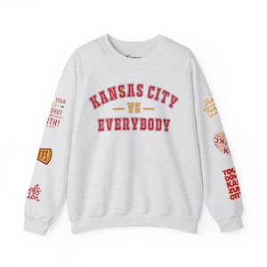 Kansas City vs Everybody Sweatshirt | Kansas City Football Crewneck | KC Patch Sleeve Sweatshirt | Gray or White Football Crewneck