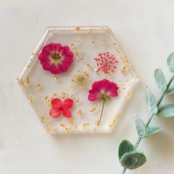 Handmade Real Pressed Flower Hexagon Resin Coaster w/ Foil Flakes | Trinket Dish | sold as single coaster
