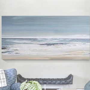 Grande peinture de paysage marin paisible sur toile, vagues bleu-océan et ciel, art mural de salon, décor mural texturé, galerie enveloppée, la marée est en