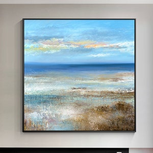 Large original oil painting on canvas,The waters and skies merge in blue, beach scape, Lounge wall art,large marsh/moors painting in Bedroom