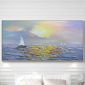 Grand paysage marin paisible peinture sur toile, Voilier et le soleil couchant brillait sur la mer bleue, Décor mural texturé, Galerie enveloppée
