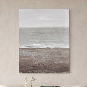 Grande peinture de plage grise sur toile, Art mural lounge, Peinture à l’huile minimaliste, Décor mural texturé, Style nordique, Paysage marin calme, Enveloppement de galerie