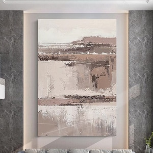 Grande peinture abstraite de paysage gris brun sur toile, art mural de salon, décor mural texturé, style nordique, paysage marin calme, galerie enveloppée