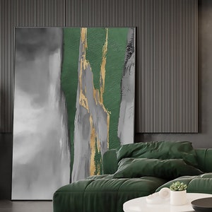 キャンバスに描かれたオリジナルの油絵、抽象画、滝の絵、グリーンアート、風景画、自然画、寝室、リビングルームの絵画、大きな壁アート