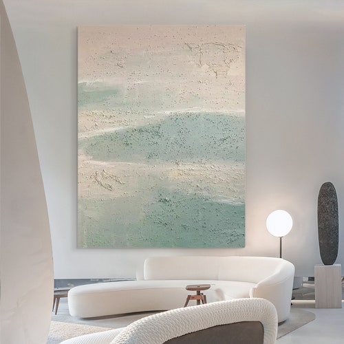 Large shops Abstract painting on canvas,Lounge wall art, Minimalist cloud and mist oil painting, Textured Wall decor, Nordic style, green beach