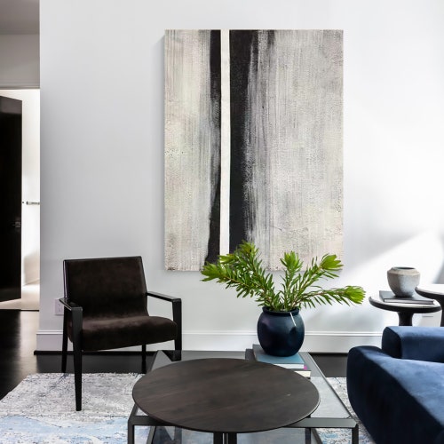 Large black white abstract painting on canvas, vertical shops original oil painting, Mottled dream, Lounge decor, white wall art,textured painting