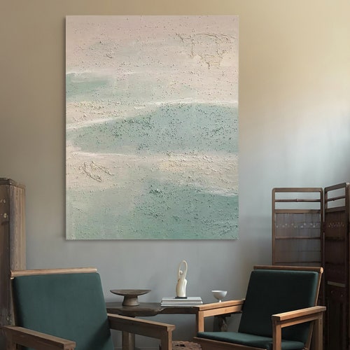 Large shops Abstract painting on canvas,Lounge wall art, Minimalist cloud and mist oil painting, Textured Wall decor, Nordic style, green beach