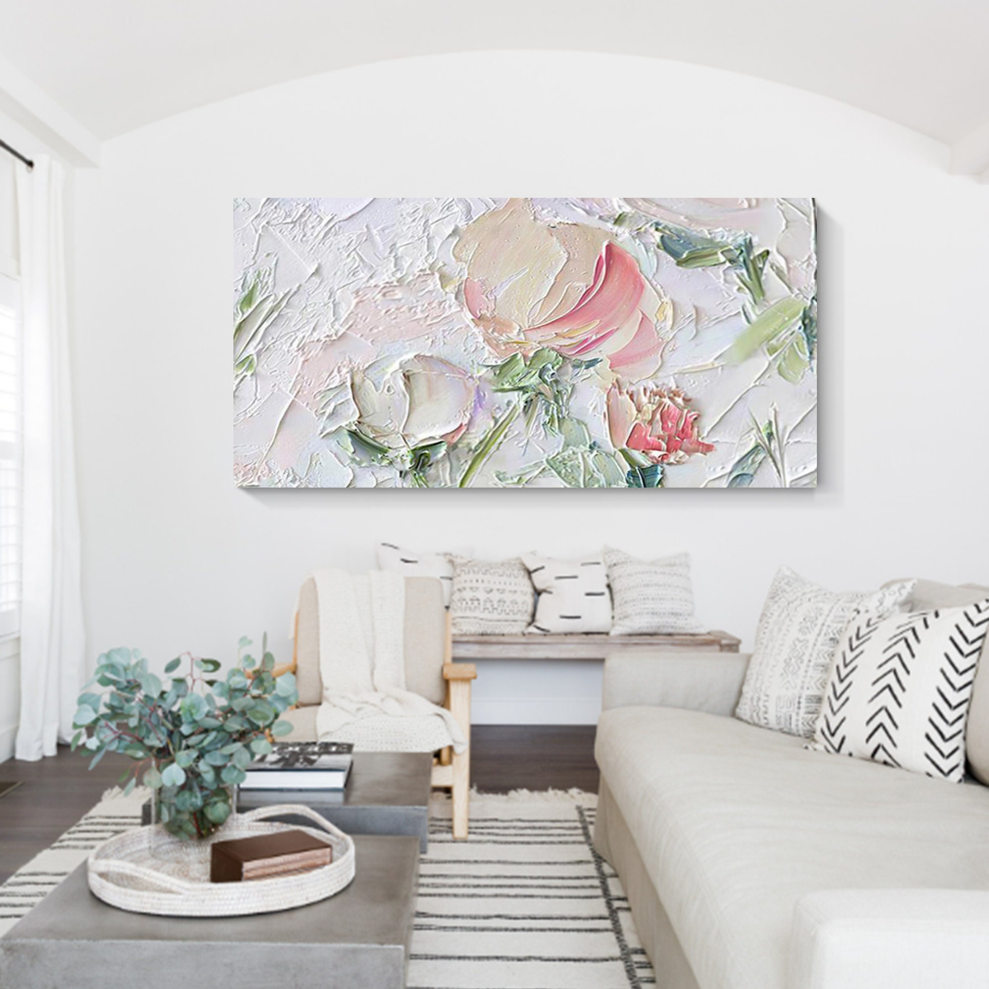 Large Abstract Textured Flower Painting, Pink White Floral Wall Art - Etsy