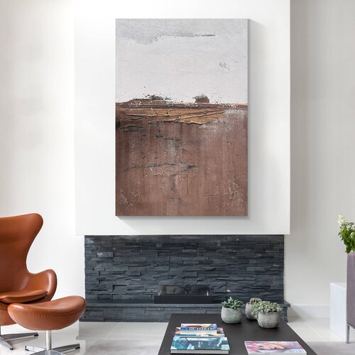 Large brown abstract landscape painting on canvas,Lounge wall art, Textured Wall decor, outlet Nordic style, calm seascape, Gallery wrapped