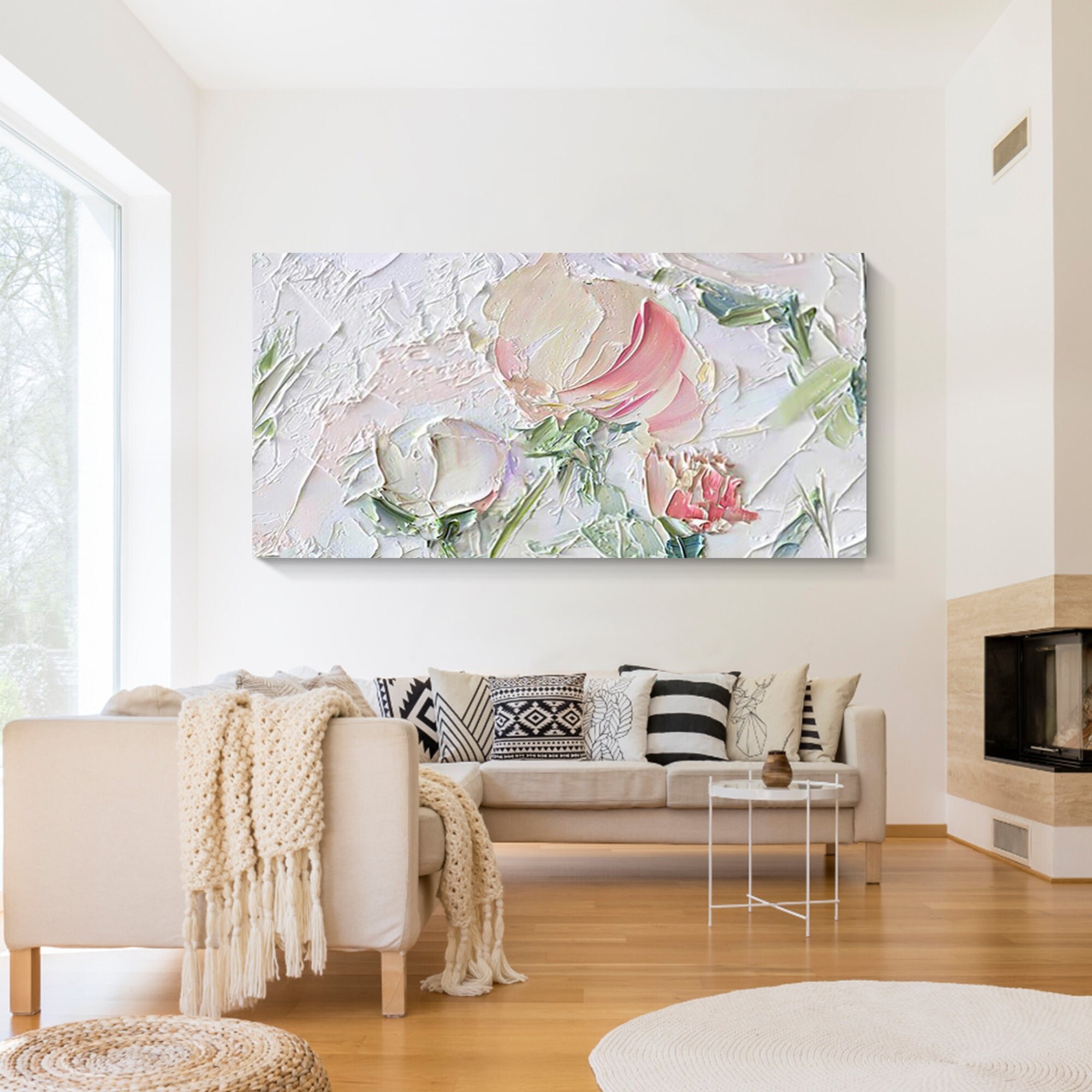 Large Abstract Textured Flower Painting, Pink White Floral Wall Art - Etsy