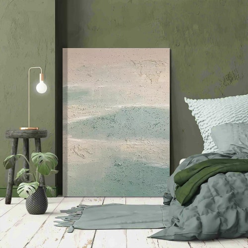 Large shops Abstract painting on canvas,Lounge wall art, Minimalist cloud and mist oil painting, Textured Wall decor, Nordic style, green beach