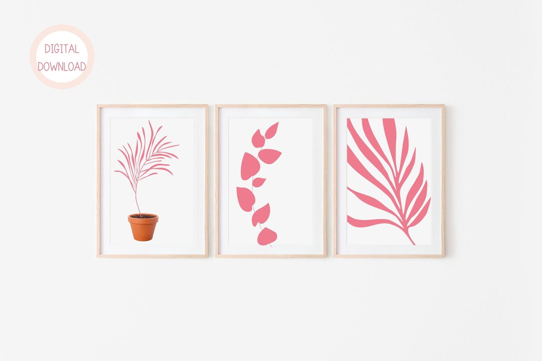 Pink Botanical Set of 3 Prints, Pink Leaves, Green Wall Art ,plant ...
