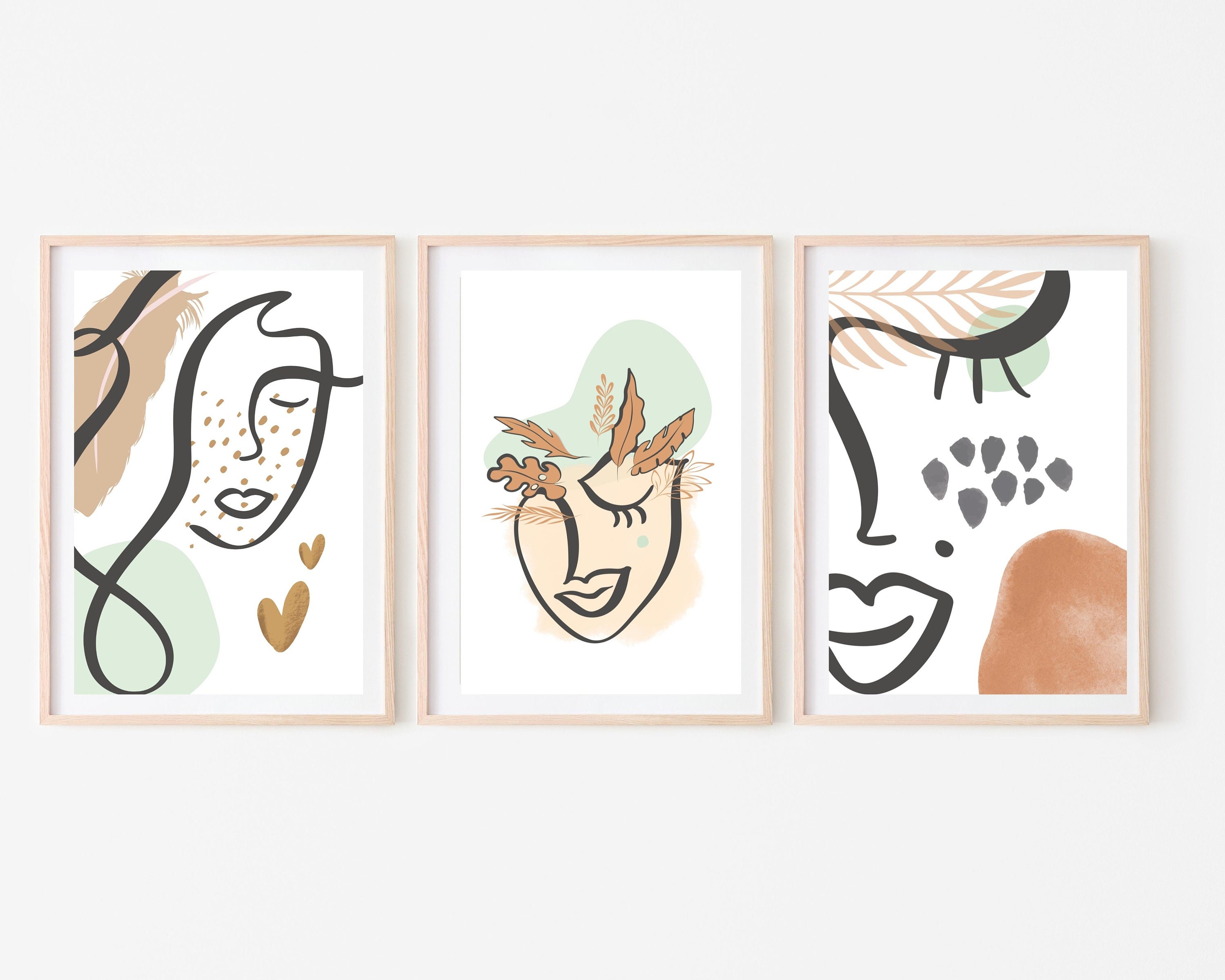 Abstract Boho Woman Face Set of 3, Printable Wall Art, Modern Female ...