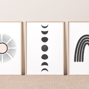 Moon and Sun Set of 3 Prints, Black and White, Textured, Modern Wall Decor, Minimalist Posters, Bundle of Prints, Mid Century, Home Decor.