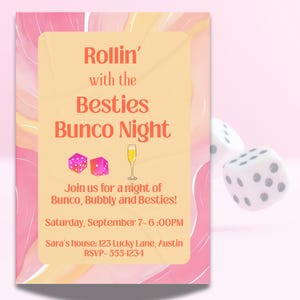 Bunco Invitation, Printable Bunco for your Rollin with the Besties ladies night. Bunco Set. Bunco scorecards.  Bunco table Tally Sheet