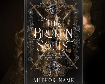 May include: Book cover design for "The Broken Souls" with a dark, gothic theme. Features ornate scrollwork, skulls, and crossed swords. The title is in elegant, stylized lettering, with space for a subtitle and author name.