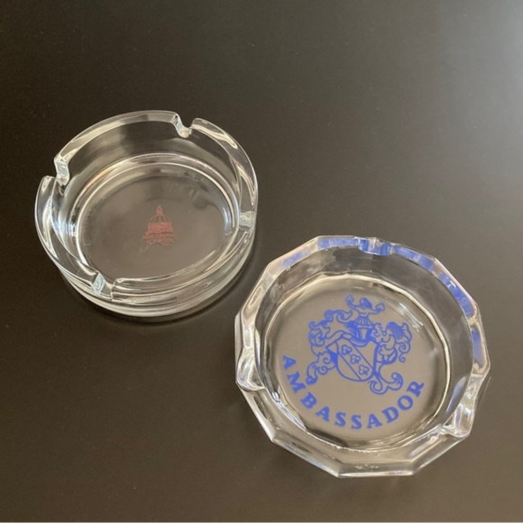 Set of 2 Clear Glass Logo Ashtrays Ambassador and Hotel Etsy
