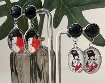 Geisha Dangle Earrings: Red Resin, Gold-Coated Stainless Steel, Japanese Retro Style
