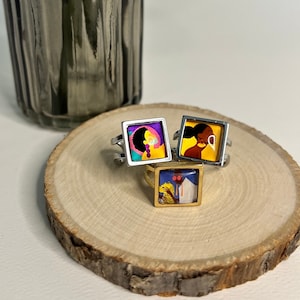 Anillos con temática de mujer negra retro, anillos artísticos de mediados de siglo, anillos cuadrados coloridos llamativos, anillos bohemios indie, anillos únicos con temática africana