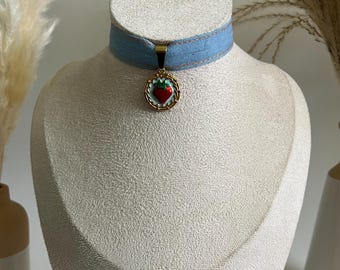 Retro Casual Strawberry Pendant Choker: Handmade Jean Ribbon Choker Necklace