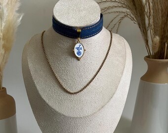 Retro Glam Layered Pendant Choker: Handmade Jean Ribbon Choker with Gold Necklace