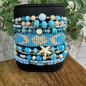 Blue Beaded Stackable Bracelet Set: Boho Moon & Star Charm