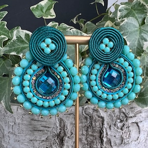 Soutache Statement Earrings: Bluish Green Viscose, Stainless Steel - 2.1&quot;