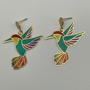 Colorful Hummingbird Earrings: 18k Gold Plated Brass, Boho Nature