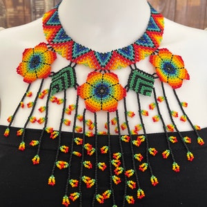 Flower Statement Necklace, Colorful Boho Necklace, Large Handmade Huichol Necklace, Floral Trendy Necklace, Seed Bead Necklace