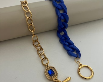 Chunky Gold Statement Necklace: Blue & Gold Retro Choker