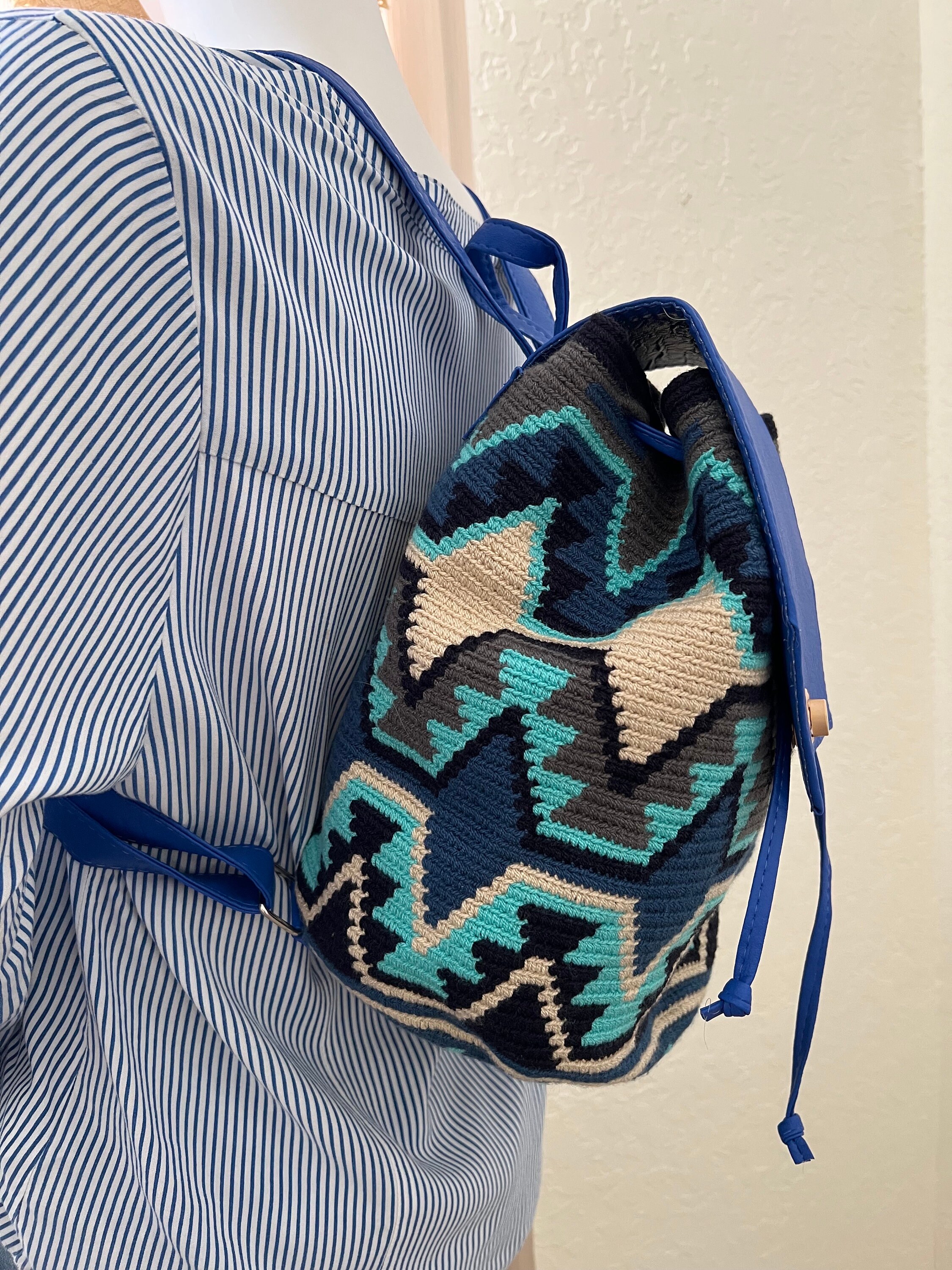 Handwoven Wayuu Backpack: Bohemian Geometric Knit Bag - Etsy display picture 3